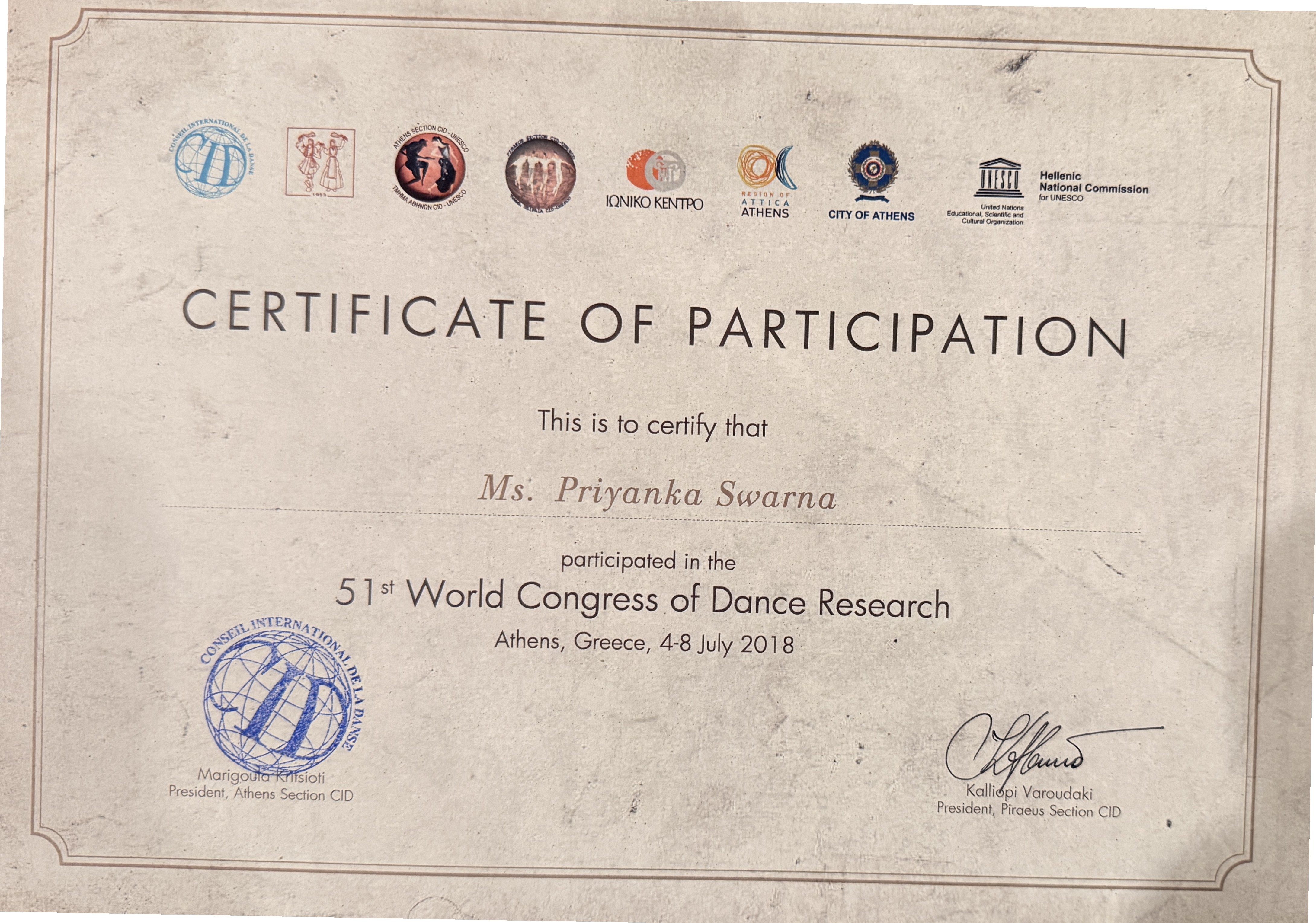 Priyanka Swarna Certificate - 51st World Congress of Dance Research